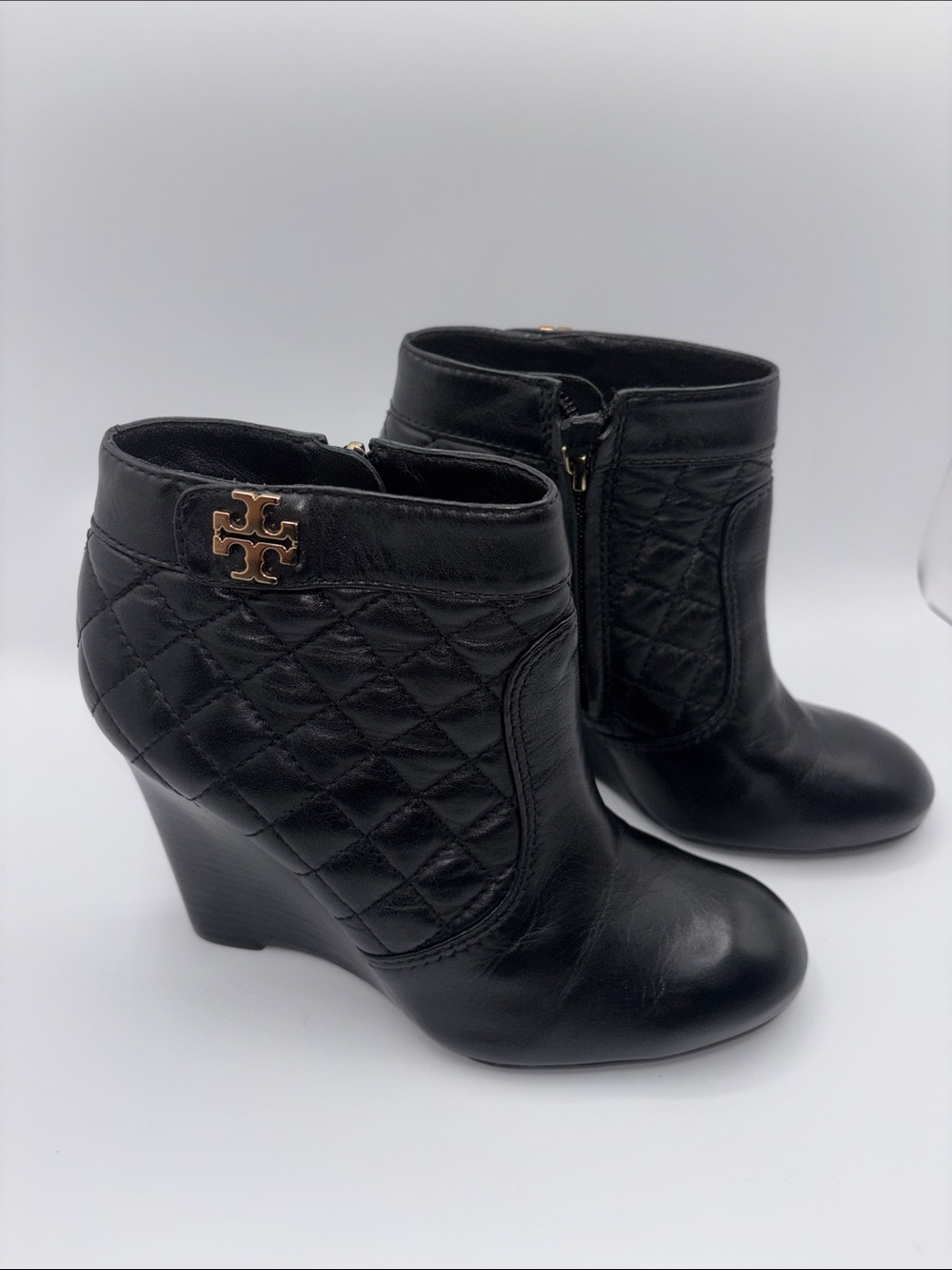 Tory Burch Black Quilted Leather Wedge Booties with Gold Logo - Picture 12 of 12